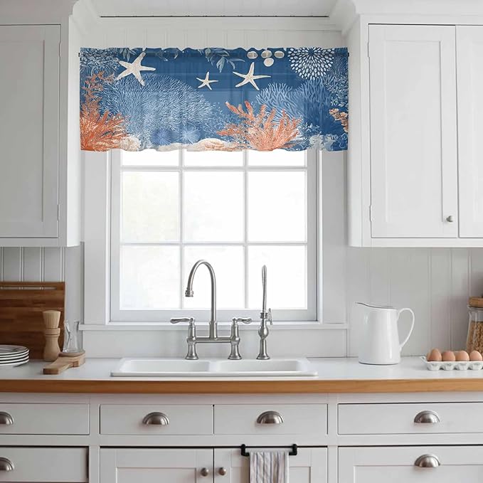 Ocean Corals Sheer Valance Curtains, Summer Beach Coral Sea Stars Dark Blue Light Filtering Kitchen Valances Rod Pocket Voile Curtain Window Treatment for Bedroom/Living Room/Basement 60Wx18L