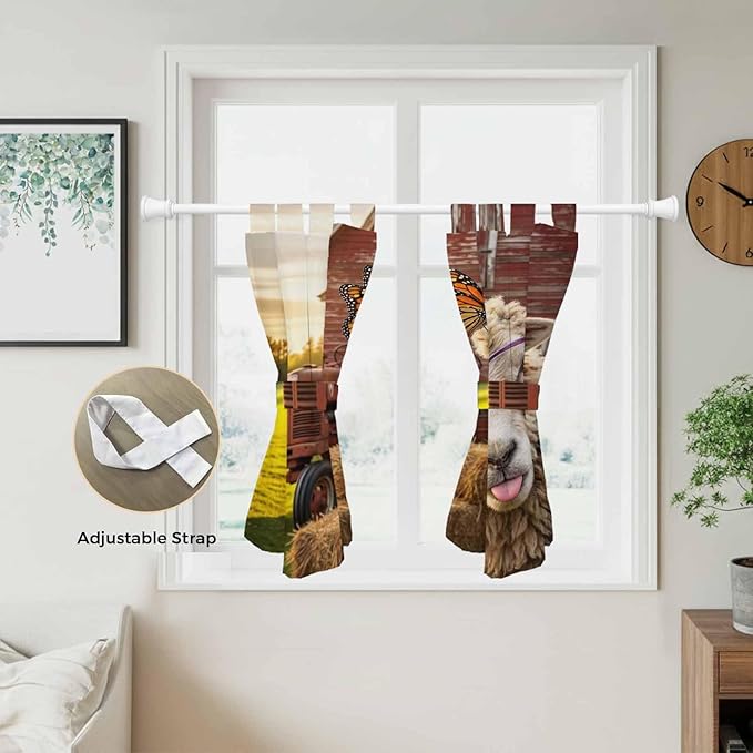 Farm Sheep Kitchen Curtains 45 Inch Length, Short Cafe Window Curtains Tab Top, Farmhouse Barn Funny Animals Butterfly Light Filtering Window Treatments Tier Drapes 27.5"x45" 2 Panel
