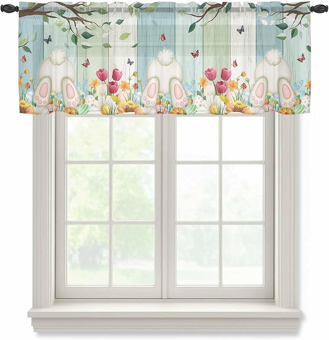 Easter Sheer Valances for Windows 60"x18", Light Filtering Kitchen Curtains Valance, Spring Watercolor Eggs Country Tulip Wooden Grain Rod Pocket Chiffon Curtains for Living Room Bedroom Cafe