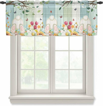Easter Sheer Valances for Windows 42"x12", Light Filtering Kitchen Curtains Valance, Spring Watercolor Eggs Country Tulip Wooden Grain Rod Pocket Chiffon Curtains for Living Room Bedroom Cafe