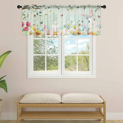 Easter Sheer Valances for Windows 54"x18", Light Filtering Kitchen Curtains Valance, Spring Watercolor Bunny Eggs Tulip Wooden Grain Teal Rod Pocket Chiffon Curtains for Living Room Bedroom Cafe