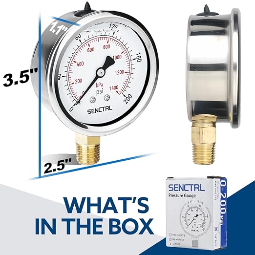 SENCTRL 0-200 Psi Glycerin Liquid Filled Pressure Gauge, 2.5" Dial Size, 1/4" NPT Lower Mount, Stainless Steel Case, for Water Oil Pressure Test in Pipe Pool Pump Sand Filter Air Compressor