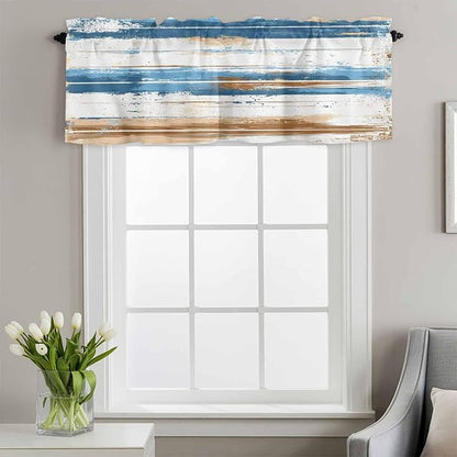 Vintage Blue Valances for Windows, Brown Wood Grain Mottled Texture Abstract Art Kitchen Valance Light Filtering Rod Pocket Short Curtains for Kitchen Bathroom, 1 Panel, 54"x18"