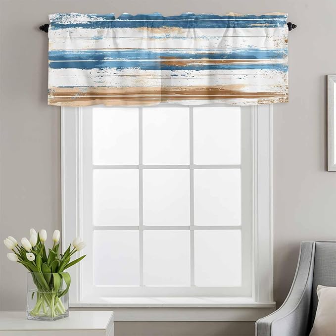 Vintage Blue Valances for Windows, Brown Wood Grain Mottled Texture Abstract Art Kitchen Valance Light Filtering Rod Pocket Short Curtains for Kitchen Bathroom, 1 Panel, 56"x16"