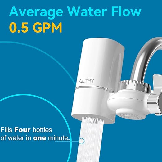 ALTHY Faucet Water Filter, BPA-Free Sink Tap Water Purifier, Certified Reduces Chlorine Heavy Metals & Bad Taste, Only Fits Standard Tap, Includes 1 System & 4 Filter
