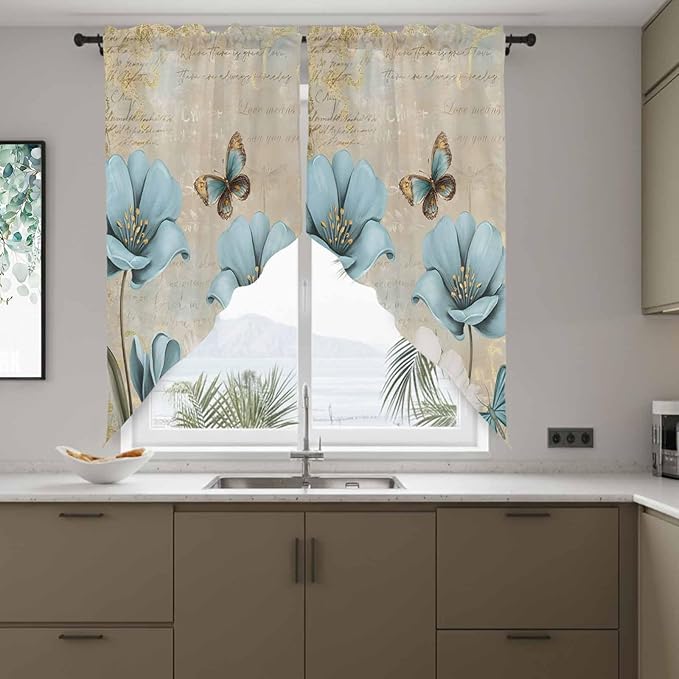 Spring Flowers Swag Valances for Windows, Vintage Rustic Tulips Floral Butterfly Khaki Rod Pocket Kitchen Curtains Valance, Kitchen Window Curtains Swag for Cafe Living Room, 2 Panels, 36x63 inch