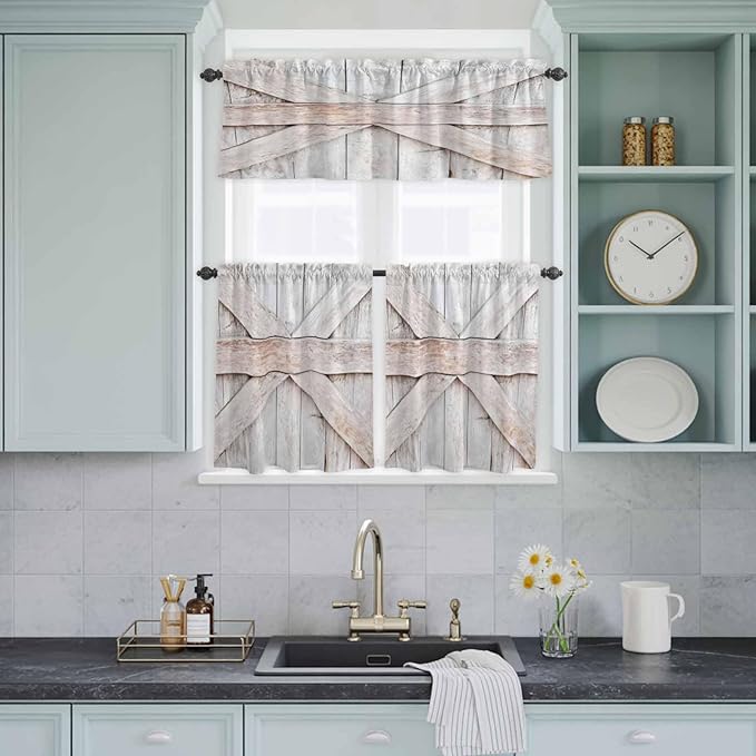 Kitchen Window Curtains Valance and Tier Set, Farmhouse Retro Wooden Barn Rod Pocket Tier Curtain Valance Set, Vintage Village Wood Grain Light Filtering Cafe Curtains for Bedroom Living Room