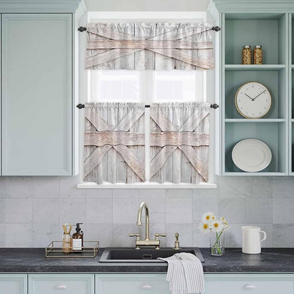 Kitchen Window Curtains Valance and Tier Set, Farmhouse Retro Wooden Barn Rod Pocket Tier Curtain Valance Set, Vintage Village Wood Grain Light Filtering Cafe Curtains for Bedroom Living Room