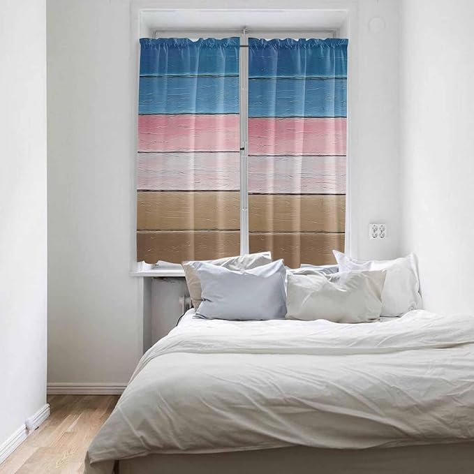 Blue Pink Brown Gradient Wood Grain Window Valance Curtains, Vintage Wood Board Light Filtering Kitchen Valance with 3-inch Rod Pocket for Living Room Bathroom Bedroom,2 Panel,42x63In