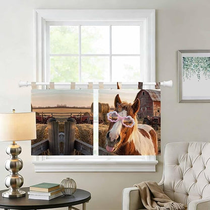 Farm Horses Kitchen Curtains 36 Inch Length, Small Window Curtains Tab Top, Farmhouse Barn Funny Animals Butterfly Light Filtering Short Window Treatments Tier Drapes 27.5"x36" 2 Panel
