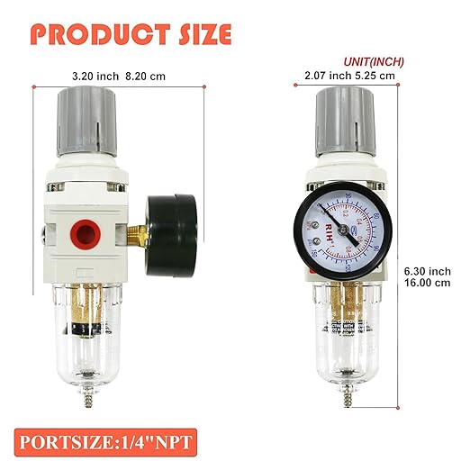 RIH 1/4" NPT Compressed Air Filter Regulator Combo Piggyback, 5 Micron Brass Element, Poly Bowl, Semi-Auto Drain, Metal Bracket, 0-150 psi Gauge Air Tool Compressor Filter with Gauge (1/4" NPT)