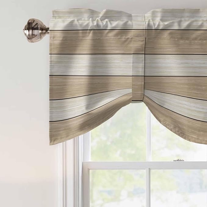 Brown Ombre Wooden Tie Up Valance Curtains for Windows, Kitchen Curtains Window Shades, Farmhouse Retro Khaki Wood Light Filtering Roman Curtain Valances for Bedroom/Bathroom/Cafe 42"x12"