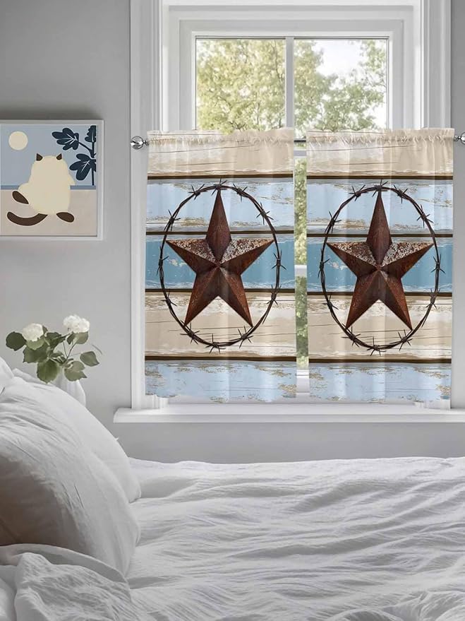 Vintage Western Star on Wood Grain Window Valance Curtains, Retro Wooden Texture Light Filtering Kitchen Valance with 3-inch Rod Pocket for Living Room Bathroom Bedroom,2 Panel,52x54In