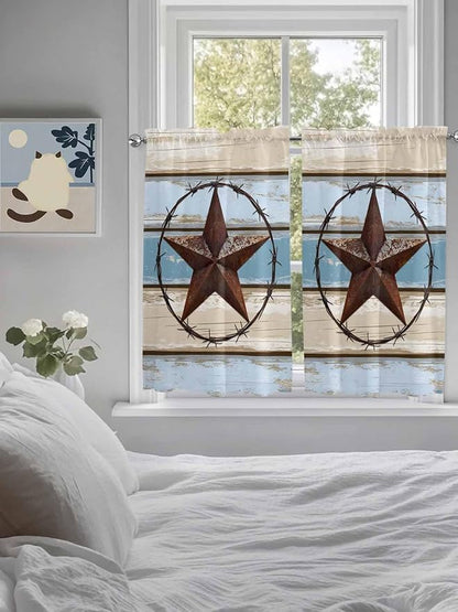 Vintage Western Star on Wood Grain Window Valance Curtains, Retro Wooden Texture Light Filtering Kitchen Valance with 3-inch Rod Pocket for Living Room Bathroom Bedroom,2 Panel,42x54In