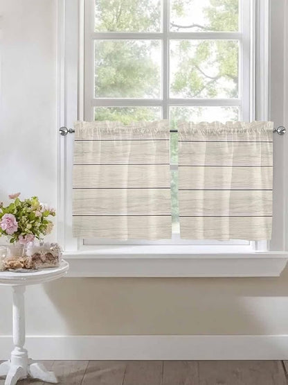 Vintage Country Wooden Board Window Valance Curtains, Gradient Wood Grain Line Light Filtering Kitchen Valance with 3-inch Rod Pocket for Living Room Bathroom Bedroom,2 Panel,27.5x36In