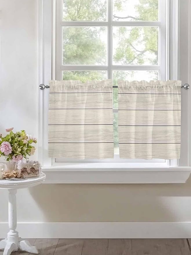 Vintage Country Wooden Board Window Valance Curtains, Gradient Wood Grain Line Light Filtering Kitchen Valance with 3-inch Rod Pocket for Living Room Bathroom Bedroom,2 Panel,27.5x24In