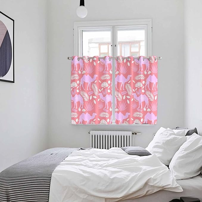 2 Panel Kitchen Cafe Curtains, Desert Camel Sunlight Filtering Nature Air Through, Window Decor Tier Curtains for Living Room 104W x 72L inch Vintage Sand Camel Leaves Flower Pattern Pink