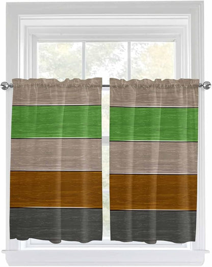 Farm Gray Green Brown Wood Grain Window Valance Curtains, Rustic Wooden Plank Light Filtering Kitchen Valance with 3-inch Rod Pocket for Living Room Bathroom Bedroom,2 Panel,42x45In