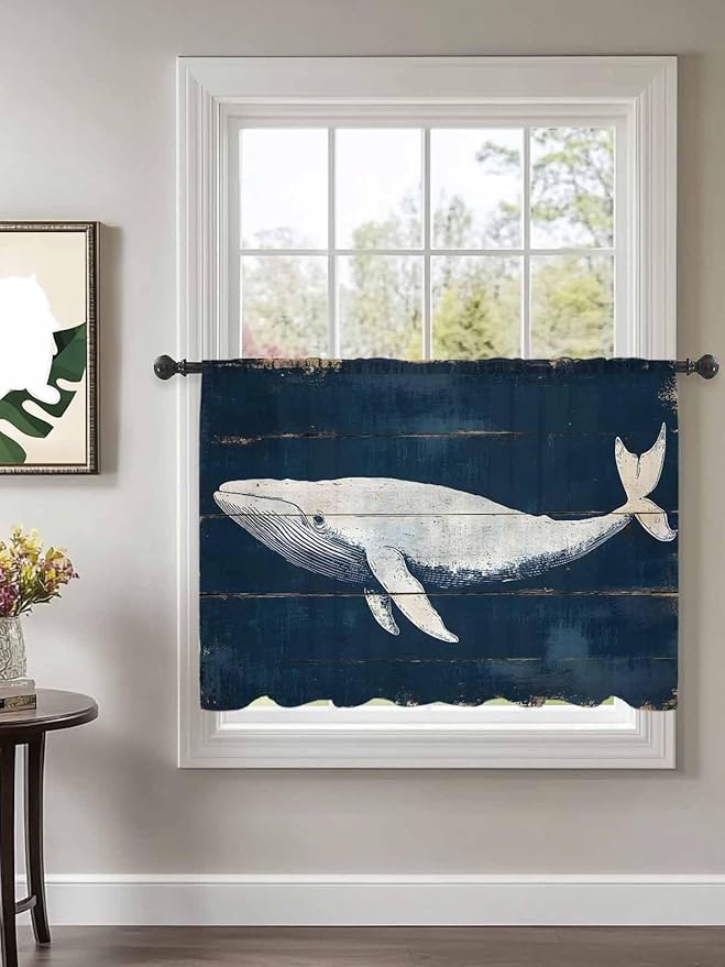 Sheer Curtains 54 Inch Length, Ocean Whale Blue Semi Sheer Curtains Light Filtering Window Treatment, Watercolor Coastal Vintage Wood Grain Privacy Voile Drapes for Living Room Bedroom 52x54 Inch