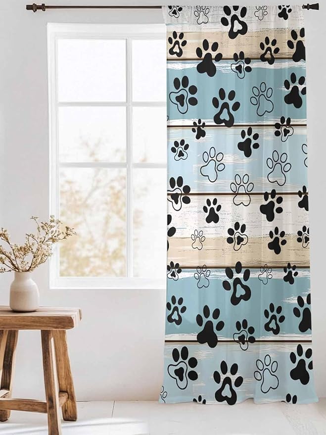 Sheer Curtains 84 Inches Long, Blue Beige Paw Print Semi Sheer Curtains Light Filtering Window Treatment, Vintage Farmhouse Country Wood Grain Privacy Voile Drapes for Living Room Bedroom 52x84 Inch
