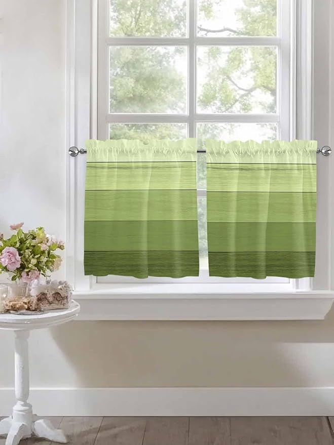 Gradient Green Wooden Board Window Valance Curtains, Retro Country Wood Grain Light Filtering Kitchen Valance with 3-inch Rod Pocket for Living Room Bathroom Bedroom,2 Panel,27.5x36In