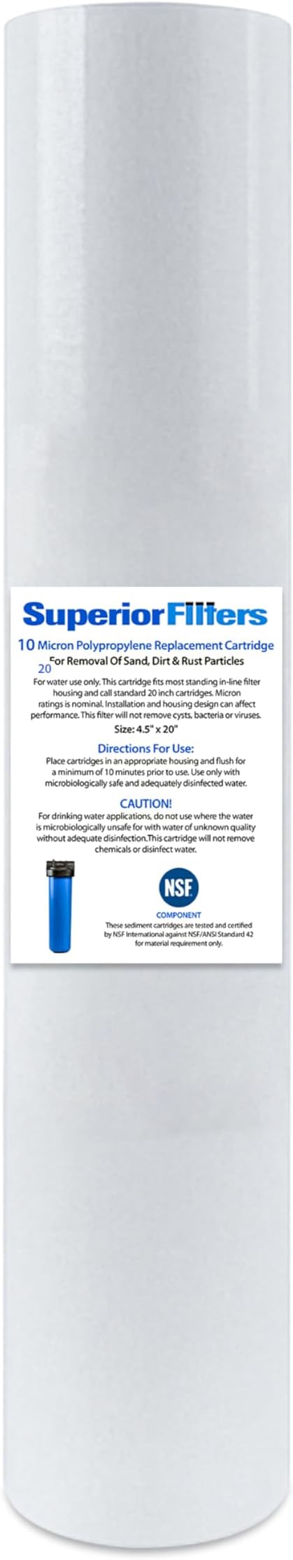 10 Micron Sediment Filter - Whole House Water Filter Cartridge - 4.5 x 20-inch Replacement - Compatible with All Whole House Water Filter System - (20 X 4.5, 1 Count)