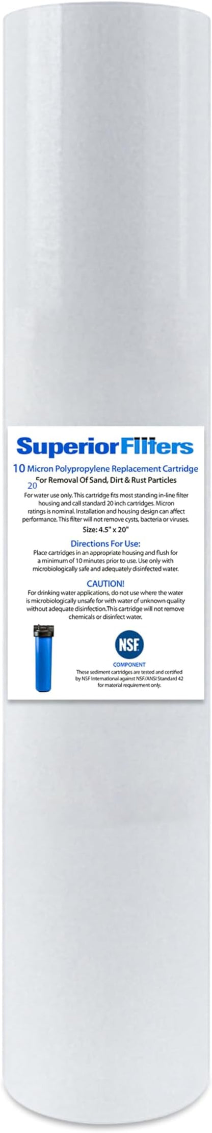 10 Micron Sediment Filter - Whole House Water Filter Cartridge - 4.5 x 20-inch Replacement - Compatible with All Whole House Water Filter System - (20 X 4.5, 1 Count)