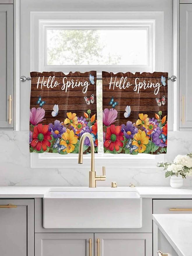 Spring Flowers Half Window Curtain 36 Inches Long, Watercolor Farmhouse Colorful Wooden Grain Window Treatment Curtain Drapes, Small Tier Curtains for Bathroom Over Sink, 27.5"x36", 2 Panels