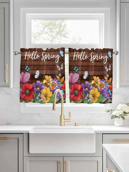 Spring Flowers Half Window Curtains 24 Inches Long, Watercolor Farmhouse Colorful Wooden Grain Window Treatment Curtain Drapes, Short Curtains Tiers for Kitchen Over Sink, 27.5"x24", 2 Panels