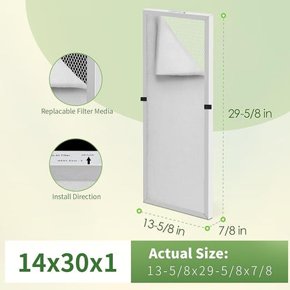 14x30x1 Reusable Air Filter MERV 8 Washable Furnace & AC Filter with 2 Extra Media Pads, Aluminum Electrostatic Air Filters for Home, Fits HVAC System, Air Conditioner, Air Handler