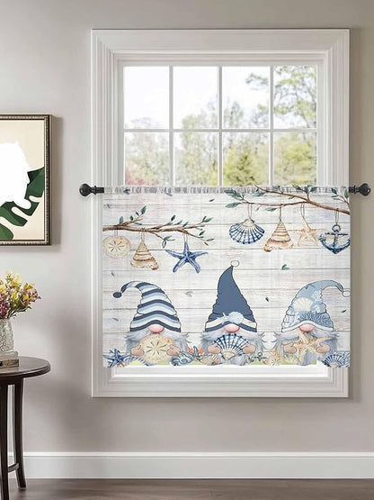 Sheer Curtains 45 Inch Length, Coastal Eucalyptus Semi Sheer Curtains Light Filtering Window Treatment, Ocean Blue Gnomes Starfish Leaf Wood Grain Privacy Voile Drapes for Living Room 52x45 Inch