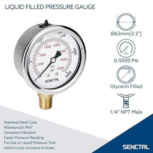 SENCTRL 5000 Psi Glycerin Liquid Filled Hydraulic High Pressure Gauge, 2.5" Dial Size, 1/4" NPT Lower Mount, Stainless Steel Case, for Air Gas Water Oil Pressure Test