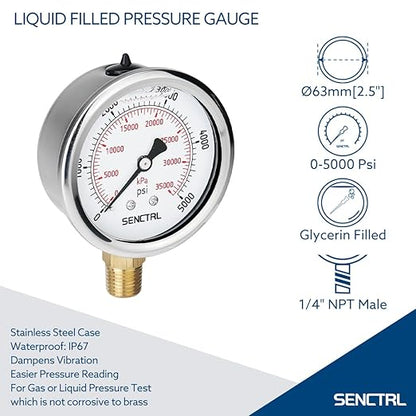 SENCTRL 5000 Psi Glycerin Liquid Filled Hydraulic High Pressure Gauge, 2.5" Dial Size, 1/4" NPT Lower Mount, Stainless Steel Case, for Air Gas Water Oil Pressure Test