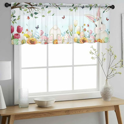 Easter Sheer Valances for Windows 54"x18", Light Filtering Kitchen Curtains Valance, Spring Watercolor Bunny Eggs Tulip Flower Plant Rod Pocket Chiffon Curtains for Living Room Bedroom Cafe