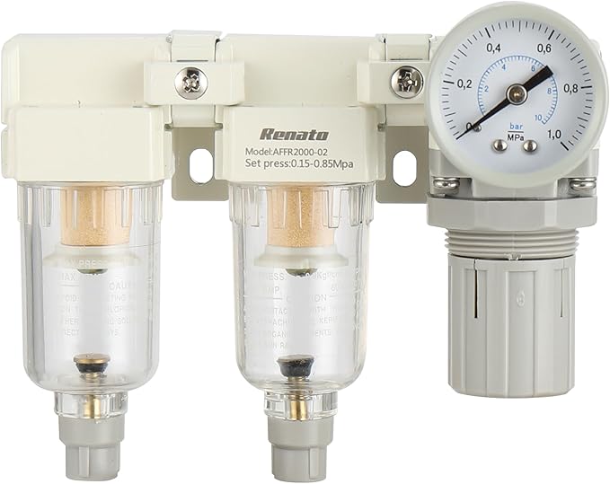 1/4" NPT Three Stage Air Drying System - 5 Micron Particulate Filter Air Pressure Regulator Combo - 0-125psi Gauge, Semi-Auto Drain, Metal Bracket
