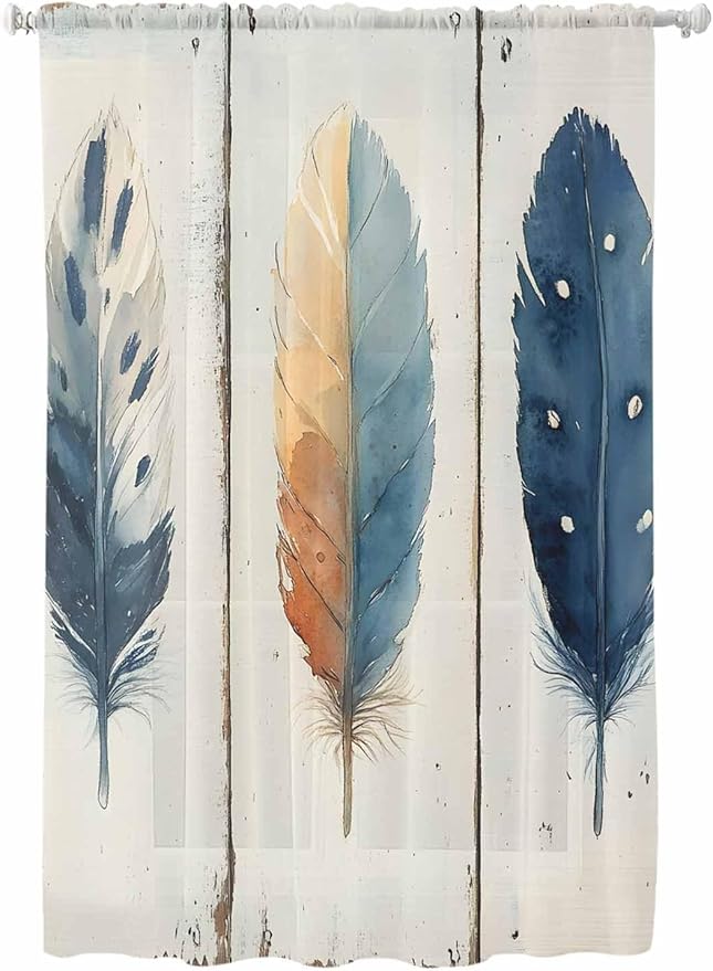 Sheer Curtains 72 Inches Long, Blue Brown Feathers Semi Sheer Curtains Light Filtering Window Treatment, Boho Ombre Vintage Wooden Grain Privacy Voile Drapes for Living Room Bedroom 52x72 Inch