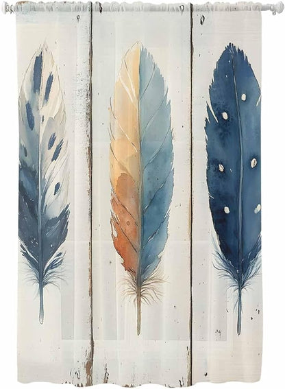Sheer Curtains 63 Inch Length, Blue Brown Feathers Semi Sheer Curtains Light Filtering Window Treatment, Boho Ombre Vintage Wooden Grain Privacy Voile Drapes for Living Room Bedroom 52x63 Inch