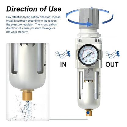AIRZOE 1/2" NPT Air Filter Regulator Combo Piggyback,5 Micron Brass Element, Semi-Auto Drain,Air Pressure Regulator AW4000-04,0-145 psi Gauge