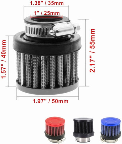 4 Pack ID I inch (25mm) Air Intake Filter with Clamp, Universal Car Air Intake Filter 1" Inlet, Red