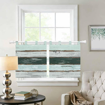 Blue Teal Kitchen Curtains 24 Inch Length, Small Window Curtains Tab Top, Vintage Wooden Retro Art Farmhouse Barns Light Filtering Short Window Treatments Tier Drapes 27.5"x24" 2 Panel
