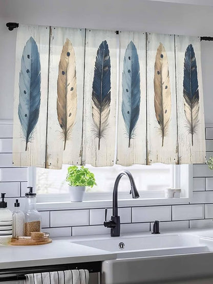 Sheer Curtains 45 Inch Length, Farmhouse Feather Semi Sheer Curtains Light Filtering Window Treatment, Watercolor Vintage Wooden Grain Privacy Voile Drapes for Living Room Bedroom 52x45 Inch