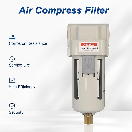 AIRZOE 3/8" NPT Air Dryer for Compressor - Air Compressor Water Separator AF3000-03, Manual Drain,5 Micron Brass Element, Poly Bowl