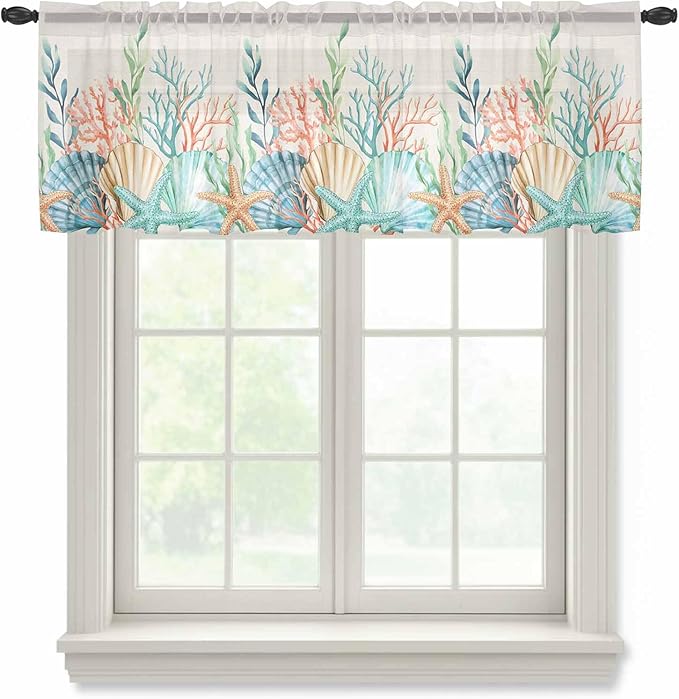 Summer Beach Sheer Valance Curtains, Ocean Colorful Coral Shell Seaweed Starfish Linen Light Filtering Kitchen Valances Rod Pocket Voile Curtain Treatment for Bedroom/Living Room/Basement 42Wx12L