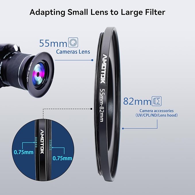 55mm Lens to 82mm Camera Lens Adapter,55mm to 82mm Filter Step-up Ring Adapter Ring,Compatible All 82mm Filter Accessory