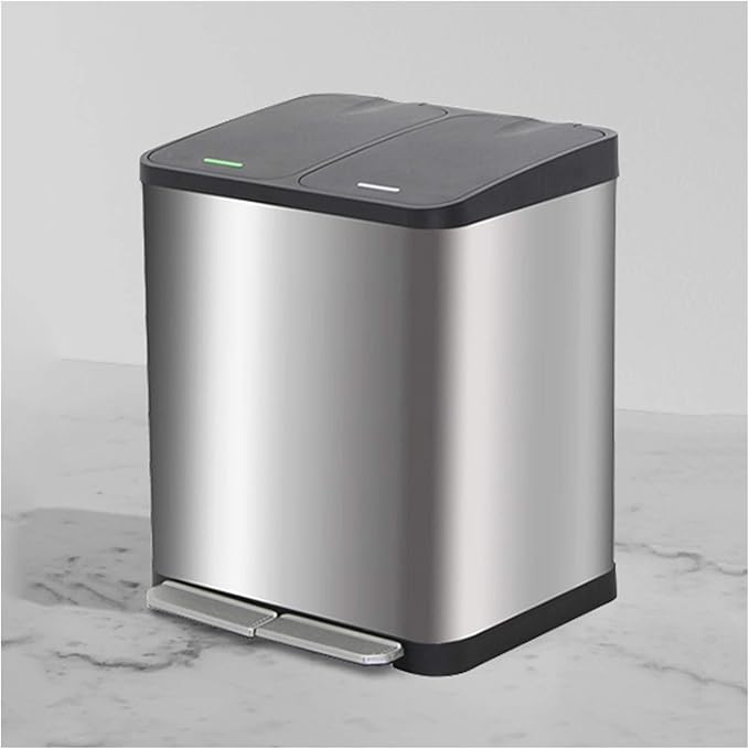 Trash Can Kitchen Large Capacity Foot-Operated Trash Can Double Three Bin Garbage Sorting Garbage Can Rectangular Trash Can with Lid, Brushed Stainless Steel Wastebasket for Office (Silver 18l)