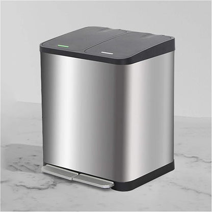 Trash Can Kitchen Large Capacity Foot-Operated Trash Can Double Three Bin Garbage Sorting Garbage Can Rectangular Trash Can with Lid, Brushed Stainless Steel Wastebasket for Office (Silver 30l)
