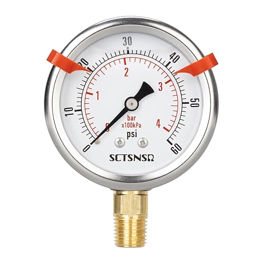 0 to 60 Psi Pressure Gauge, Glycerin Liquid Filled, 2.5 inch Dial, 1/4" NPT Lower Mount, Stainless Steel Case, for Pool Sand Filter, Water Pump, Propane, Coolant, CO2, Gas, Low Pressure Test