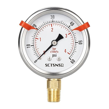 0 to 60 Psi Pressure Gauge, Glycerin Liquid Filled, 2.5 inch Dial, 1/4" NPT Lower Mount, Stainless Steel Case, for Pool Sand Filter, Water Pump, Propane, Coolant, CO2, Gas, Low Pressure Test
