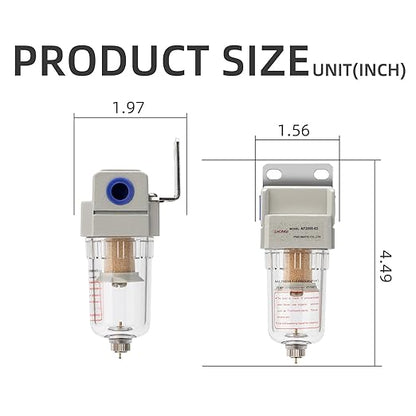Air Compressor Water Separator 1/4”NPT,Compressed Air Line Filter,Air Dryer for Compressor AF2000-02,5 Micron Brass Element,Manual Drain,Bracket