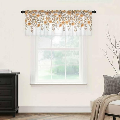 Spring Summer Flowers Sheer Valance Curtains, Vintage Watercolor Orange Floral Leaf Plant Light Filtering Kitchen Valances Rod Pocket Voile Curtain Treatment for Bedroom/Living Room/Basement 60Wx18L